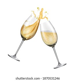 Pair of champagne glasses isolated on white background. Two glasses of champagne, realistic holiday concept. Vector illustration.