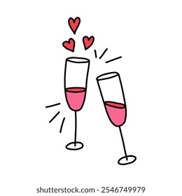 Pair of champagne glasses with love elixir and heart isolated on white in doodle style. Hand drawn love elixir for Valentines Day and weddings. Use love elixir for spell to have romance on Valentine