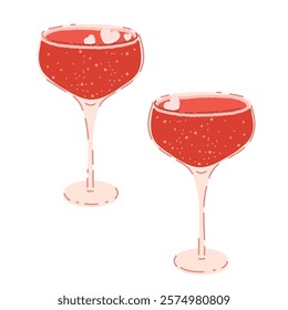 Pair of champagne glasses. Martini glass vector illustration isolated on white background. Hand drawn glasses with bubbly rose champagne, cheers, holiday toast. Happy Valentine's Day sticker