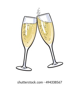 Pair of champagne glasses, set of sketch style vector illustration isolated on white background. Hand drawn glasses with bubbly champagne, cheers, holiday toast