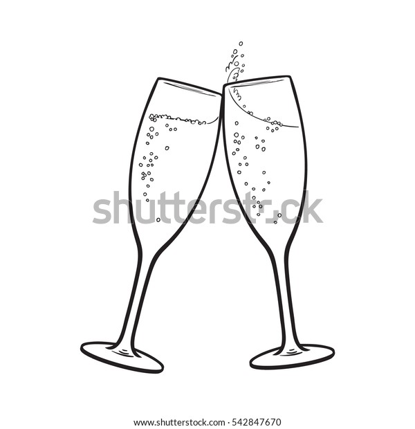 白い背景にシャンパングラス スケッチスタイルベクターイラストのセット 手描きのグラスとシャンパン 乾杯 ホリデートースト のベクター画像素材 ロイヤリティフリー