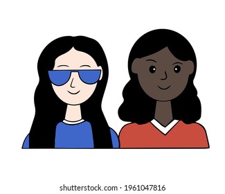 A pair of character avatars.Teenagers of different nationalities and colors, spending time together. Vector cartoon.