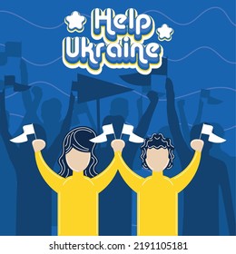 Pair of characters with peace flags on a protest Help Ukraine Vector