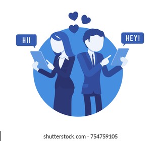 Pair chatting in messenger. Young man and woman in love sharing, chatting, debating and discussing with each other using tablet. Business style vector concept illustration