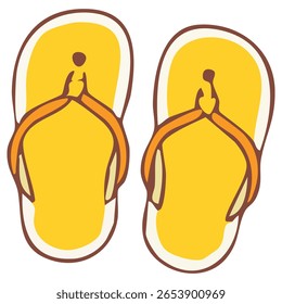 Um par de alegres chinelos amarelos desenhados à mão com tiras marrons e solas brancas. Isolado em um fundo branco, ideal para o verão, praia e temas de calçados casuais.