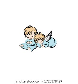 Pair cheerful little angels. Biblical heavenly symbol of man with wings. Decor for greeting retro cards for Christmas, Easter and other religious holidays. 
