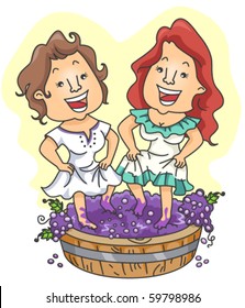 A Pair of Cheerful Women Dancing While Trampling a Basin Full of Grapes - Vector