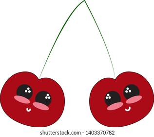 Un par de cerezas de color rojo brillante que es sonriente, vector, dibujo de color o ilustración.