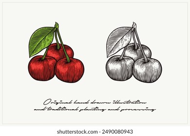 a pair of cherries in a carved style