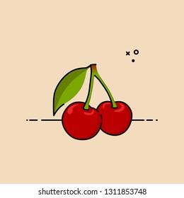 Pair of cherries with a leaf. Flat vector illustration. 