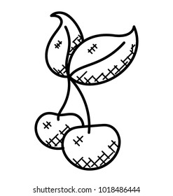 
Pair of cherries with two leaves at the edge
