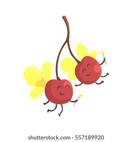 Pair Of Cherries With Wings In Fairy Costumes, Part Of Vegetables In Fantasy Disguises Series Of Cartoon Silly Characters