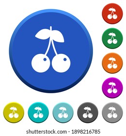 Pair of cherry round color beveled buttons with smooth surfaces and flat white icons