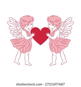 Par de querubines con corazones. Ilustración del contorno del Vector para el día de San Valentín, niños lindos del ángel