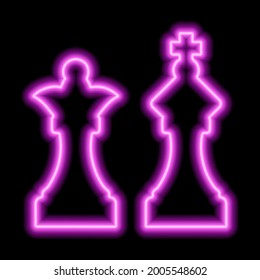 A pair of chess pieces king and queen. Neon purple contour on a black background. Vector illustration