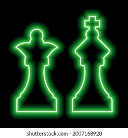 A pair of chess pieces king and queen. Neon green contour on a black background. Vector illustration