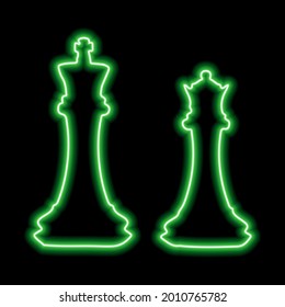 A pair of chess pieces king and queen. Neon green contour on a black background. Vector illustration