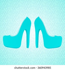 Pair of chic turquoise shoes retro chaotic background. All isolated.