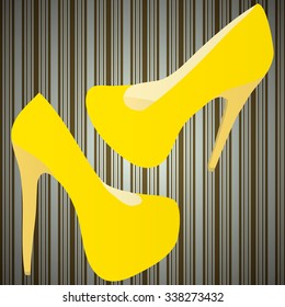 Pair of chic yellow shoes on gray striped retro background. All isolated. 