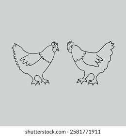 Pair of Chickens Line Art Hand-Drawn Design