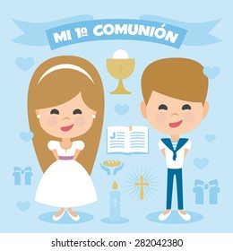 A pair of children, blonde boy and girl, making first communion. Vector Element Set on a blue background. Written in Spanish