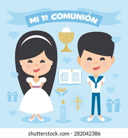 A pair of children, boy and girl, making first communion. Vector Element Set on a blue background. Written in Spanish