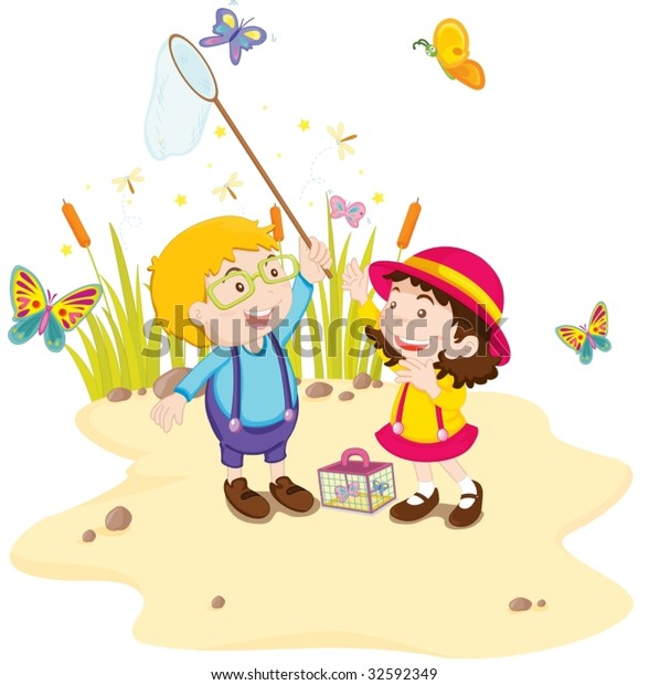 Pair Children Catching Butterflies Stock Vector (Royalty Free) 32592349 ...