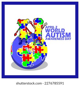 A pair of children and earth decorated with colorful puzzle pieces with bold text in frame on white background to commemorate World Autism Awareness Day on April 2