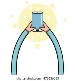 A pair of children hands holding a cellphone, Vector illustration
