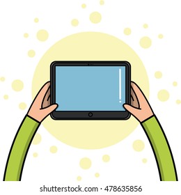 A pair of children hands holding a tablet, Vector illustration
