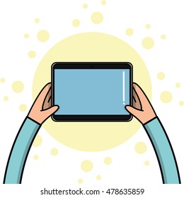 A pair of children hands holding a tablet, Vector illustration