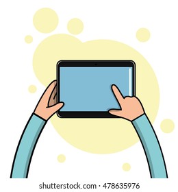 A pair of children hands holding a tablet, Vector illustration