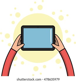 A pair of children hands holding a tablet, Vector illustration