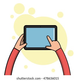 A pair of children hands holding a tablet, Vector illustration