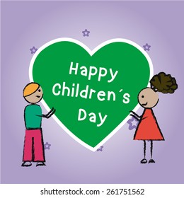 a pair of children and a heart with text on a colored background for children's day