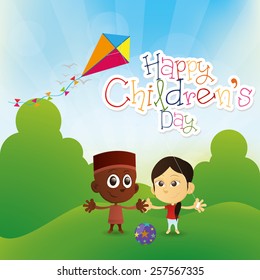 a pair of children on a summer background with text and toys