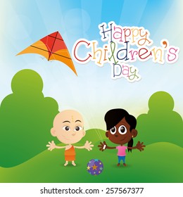 a pair of children on a summer background with text and toys