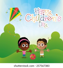 a pair of children on a summer background with text and toys
