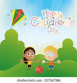 a pair of children on a summer background with text and toys