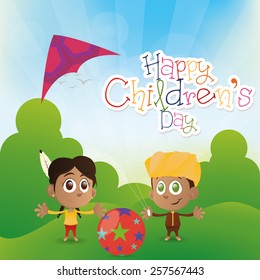 a pair of children on a summer background with text and toys