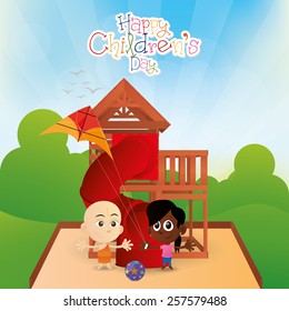 a pair of children on a summer background with text and toys