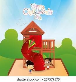 a pair of children on a summer background with text and toys