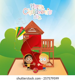 a pair of children on a summer background with text and toys