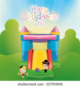 a pair of children on a summer background with text and toys