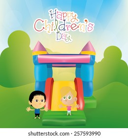 a pair of children on a summer background with text and toys