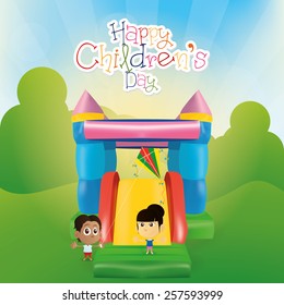 a pair of children on a summer background with text and toys