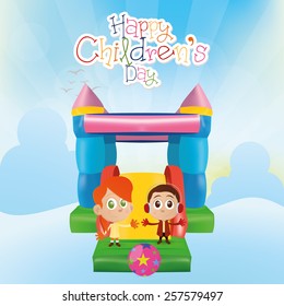 a pair of children on a winter background with text and toys