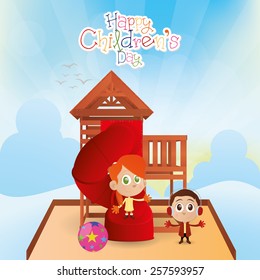 a pair of children on a winter background with text and toys