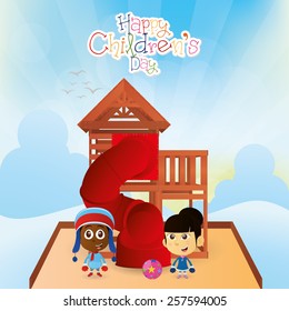 a pair of children on a winter background with text and toys
