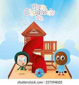 a pair of children on a winter background with text and toys